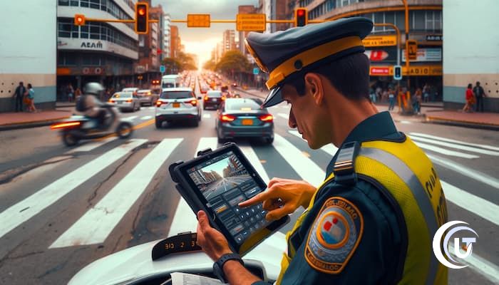 Policía de transito revisando las multas de transito.