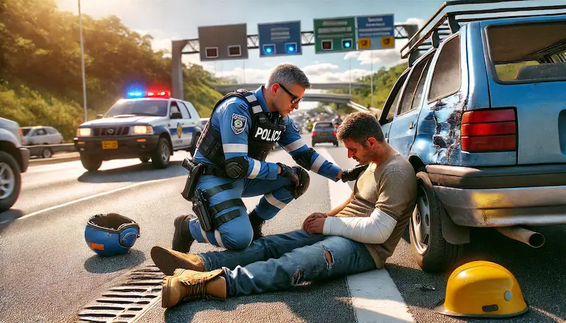 Policía ayudando con primeros auxilios a una persona. ¿Qué Procedimientos Sigue la Policía en Accidentes de Tránsito?